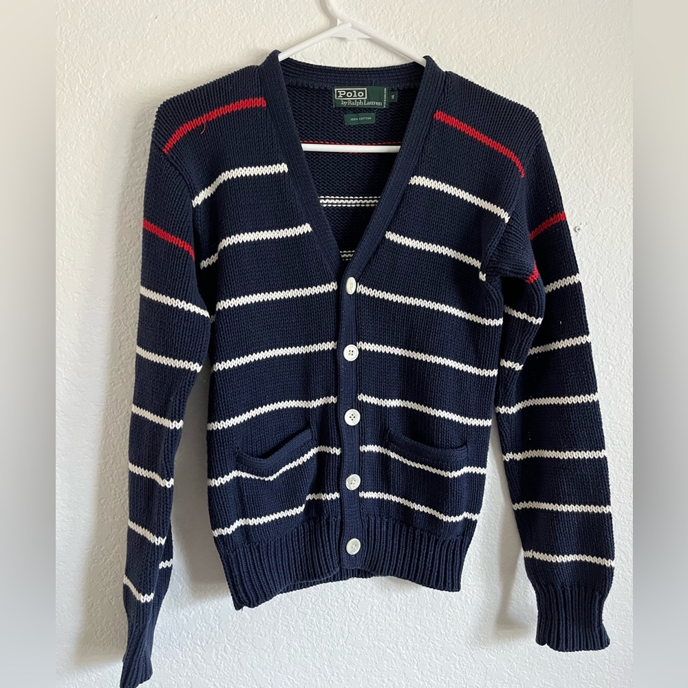 Vintage Ralph Lauren Red, White and Blue Striped Knit Cotton Button Down Sweater